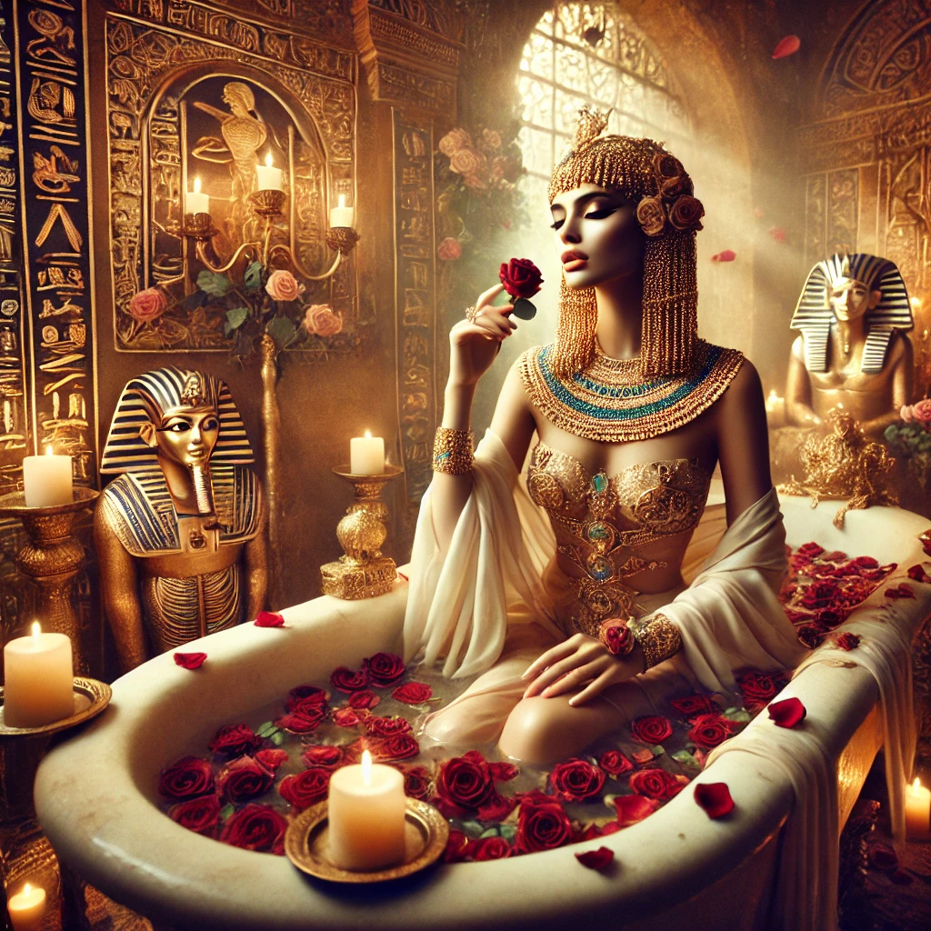 Ako riediť esenciálne oleje pre bezpečné použitie 3 DALL·E 2025 02 02 15.16.38 A stunning depiction of Cleopatra in a luxurious Egyptian bath filled with rose petals. The scene is set in an opulent palace with golden decorations