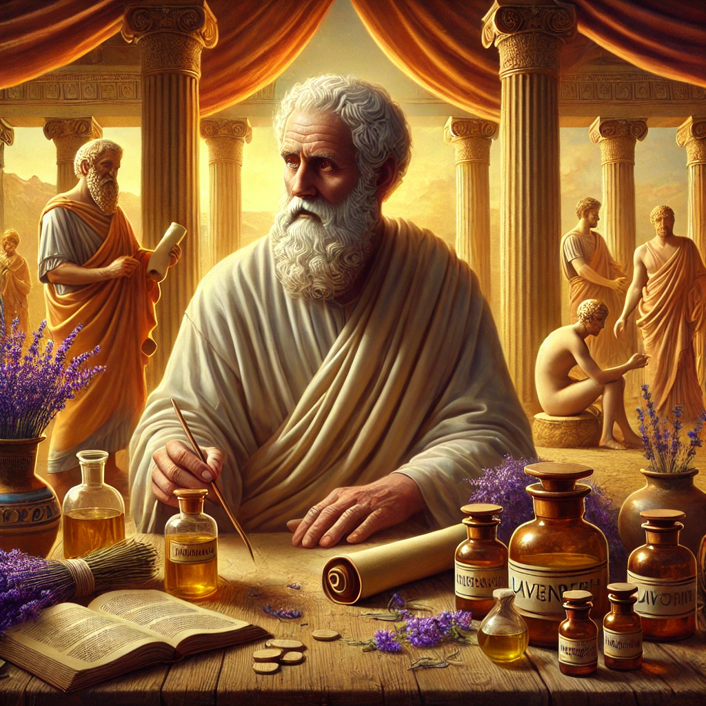 DALL·E 2025 02 02 15.28.15 An artistic depiction of Hippocrates the father of modern medicine in ancient Greece. He is seen in a classical Greek setting wearing traditional r