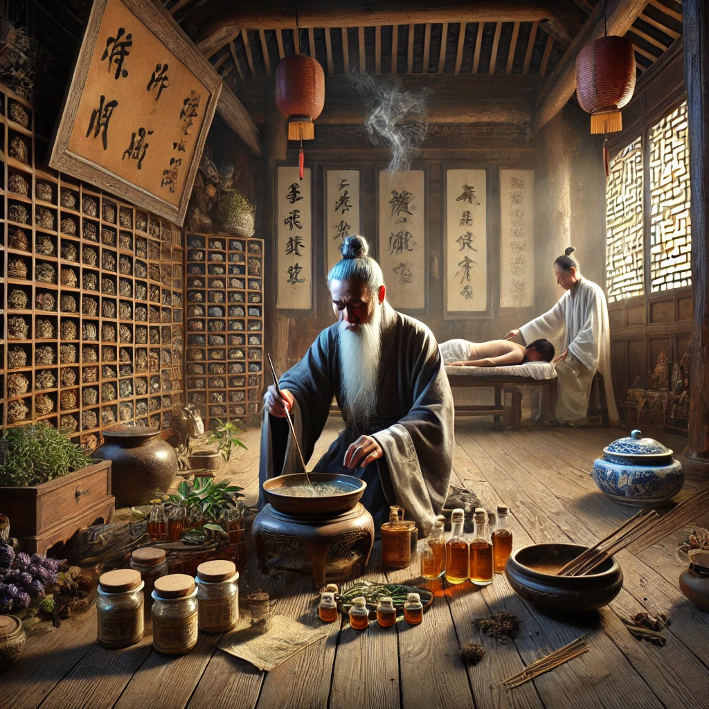 DALL·E 2025 02 02 15.33.04 A traditional Chinese medicine scene in ancient China depicting a wise herbalist in a serene setting. He is surrounded by wooden shelves filled with