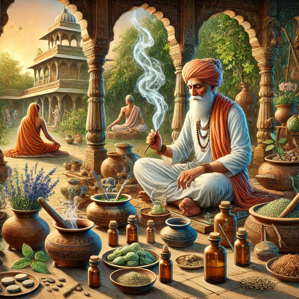 DALL·E 2025 02 03 15.40.51 A detailed artistic depiction of ancient India focused on Ayurveda and essential oils. A wise Ayurvedic healer dressed in traditional Indian attire