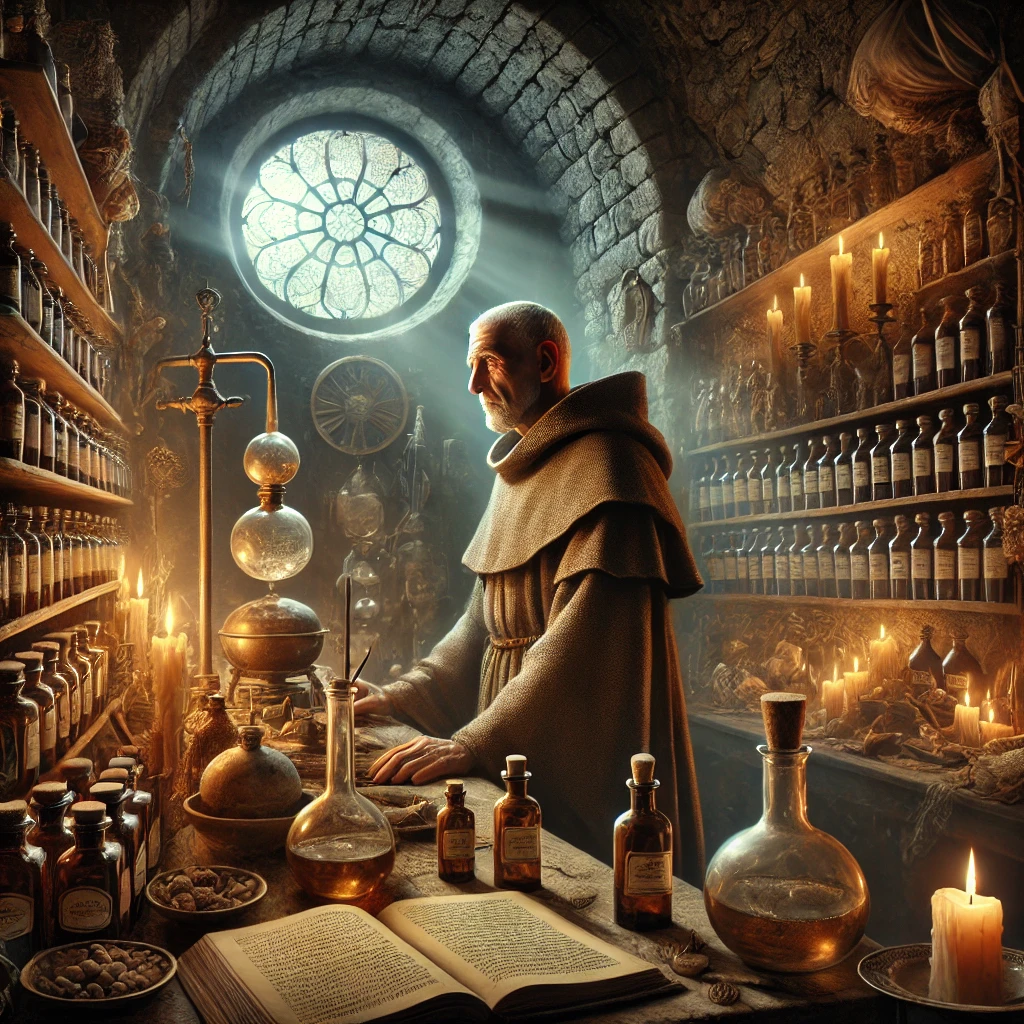 DALL·E 2025 02 03 15.41.49 A detailed artistic depiction of a medieval monastery during the Renaissance highlighting the role of monks and alchemists in the study of essential