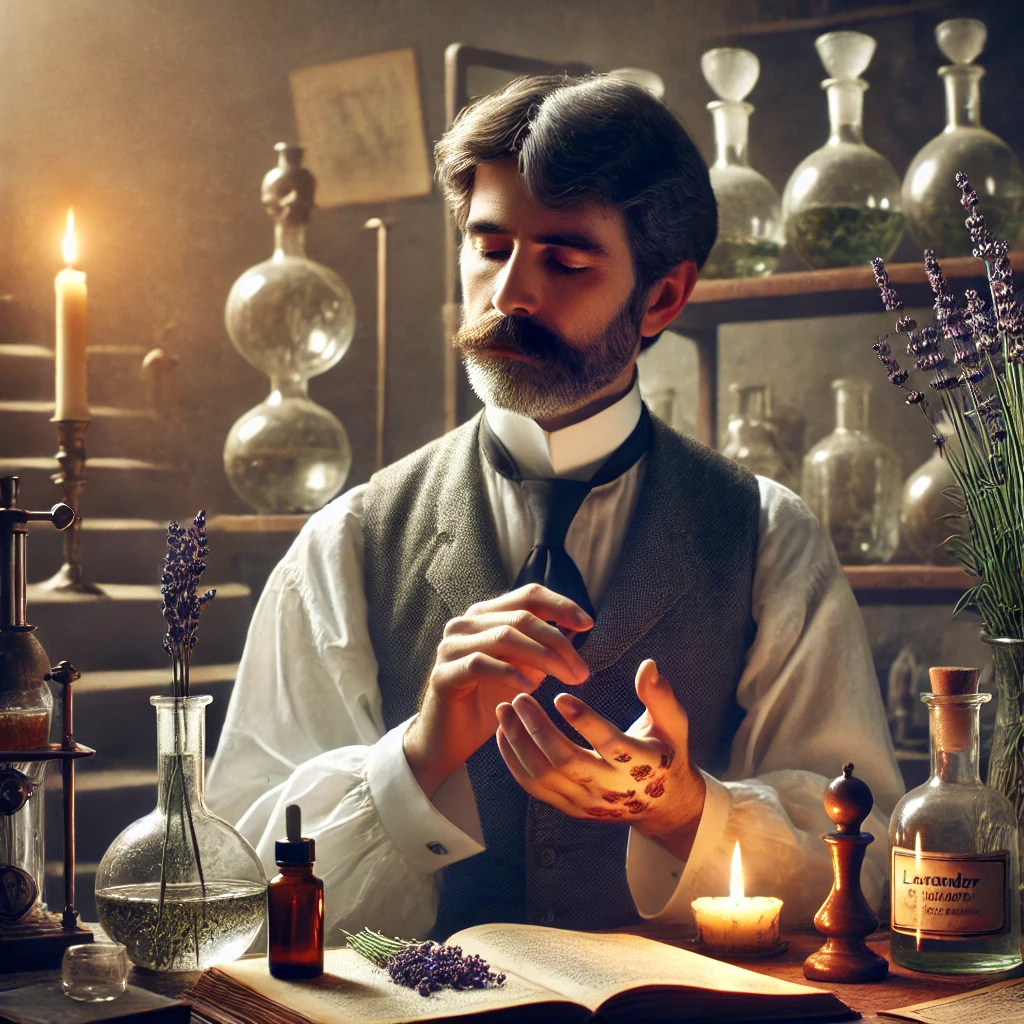 DALL·E 2025 02 04 14.06.06 A historical depiction of Rene Maurice Gattefosse in the early 20th century discovering the healing properties of lavender oil. The scene shows a Fre