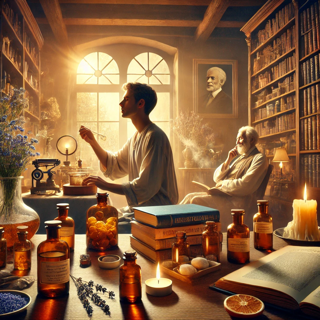 DALL·E 2025 02 04 14.06.59 A historical depiction of the 20th century rise of aromatherapy. A warm inviting scene shows a practitioner in the 1970s carefully blending essential