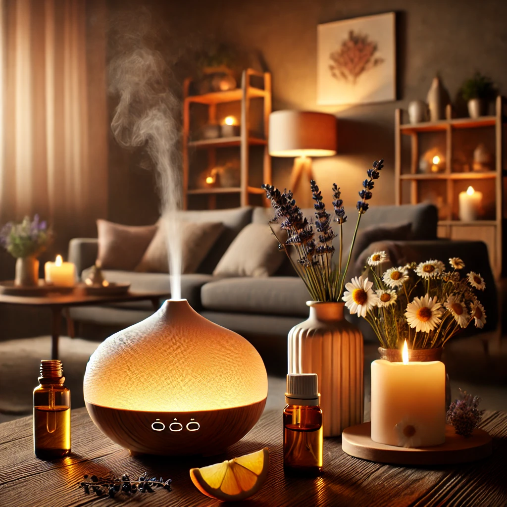 Večerné relaxačné rituály s esenciálnymi olejmi 4 DALL·E 2025 02 23 08.41.30 A modern cozy living room illuminated by warm dim evening light. In the foreground an elegant diffuser emits a gentle mist symbolizing the use of