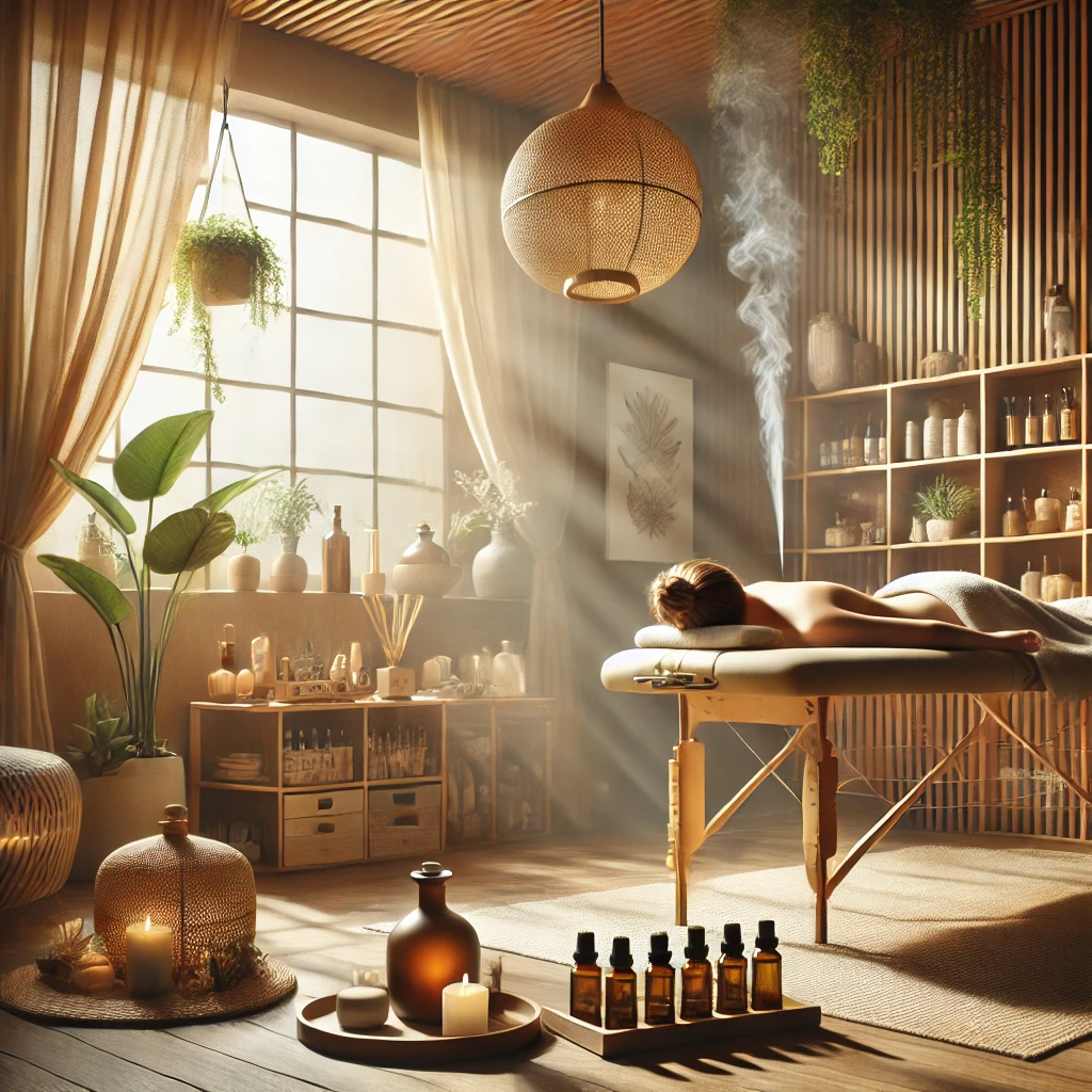 Prečo používať prírodné oleje namiesto syntetických vôní? 4 DALL·E 2025 02 05 16.12.38 A tranquil wellness studio bathed in natural light featuring an aromatherapy session. A person is lying down on a massage table enjoying a relaxing